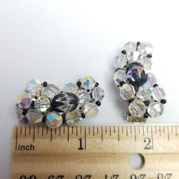 Vintage AB Glass Bead Cluster Clip On Earrings, Black Accents, Kidney Shape - Picture 4 of 6